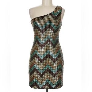 Vintage 90s Frederick’s of Hollywood Sequin One Shoulder Mini Tan Turquoise sz M